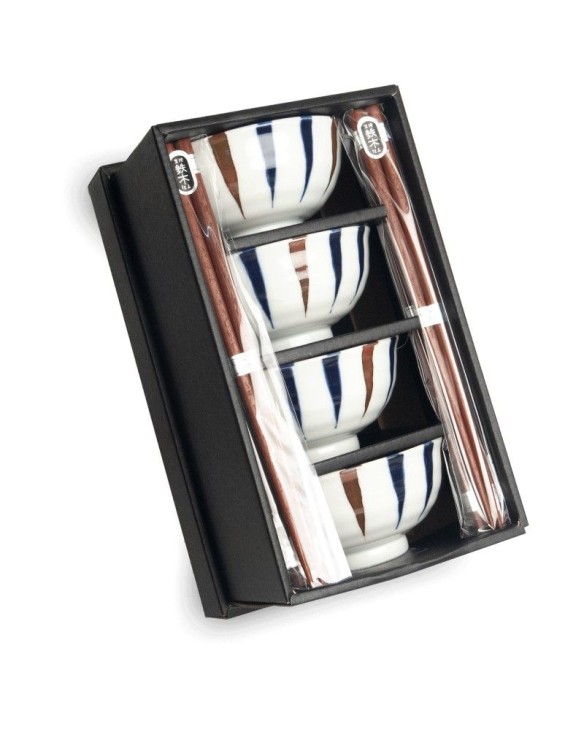 Set 4 Cuencos 11,5cm  Porcelana y palillos "Blanco-Azul-Marron"