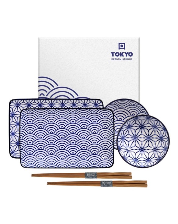 Set 2 Platos Porcelana, 2 Salseras Porcelana y 2 Palillos "Blanco y azul"