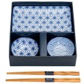 Set 2 Platos Porcelana, 2 Salseras Porcelana y 2 Palillos "Blanco y azul"