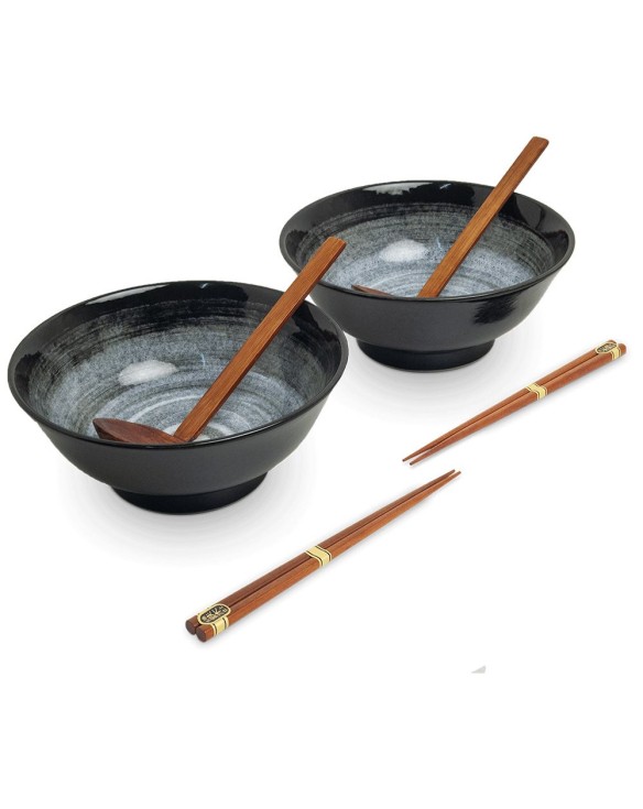 Set 2 Cuencos 21cm Porcelana con 2 Palillos y 2 Cucharas "Kuro"