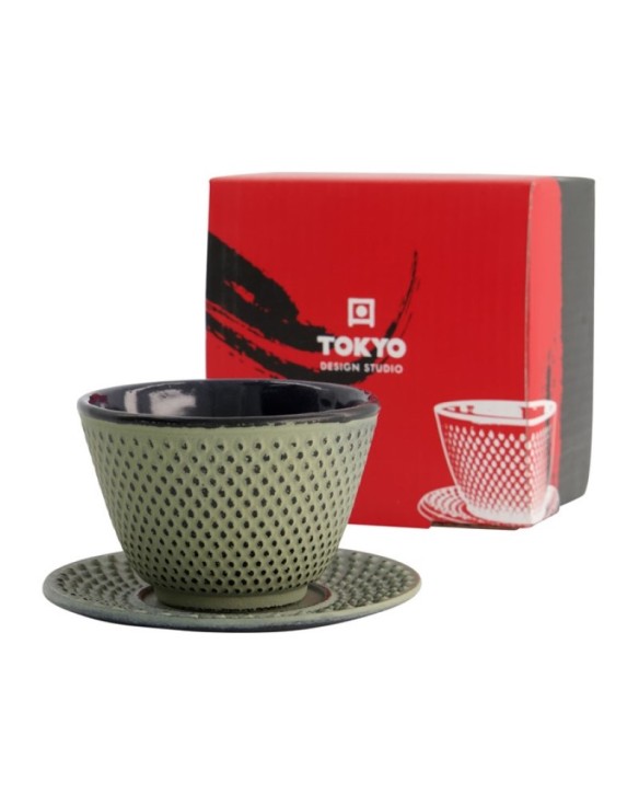 Taza de té de hierro con plato 120ml "puntos verdes"