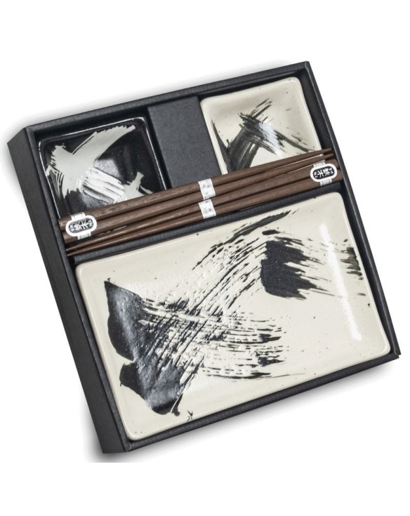 Set 2 Platos Porcelana, 2 Salseras Porcelana y 2 Palillos "Brush"