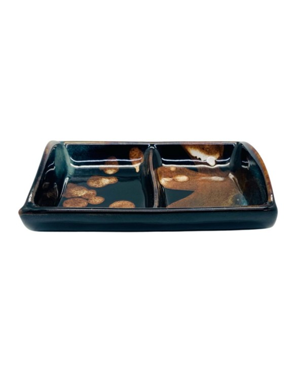 Plato rectangular de porcelana para salsa 2 espacios negro marron 8,5cm
