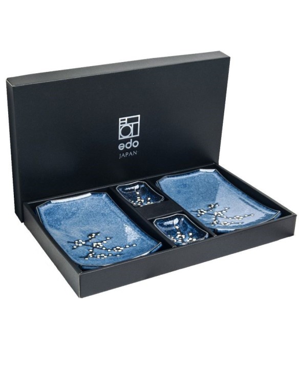 Set 2 Platos Porcelana, 2 Salseras Porcelana y 2 Palillos "Soshun azul"