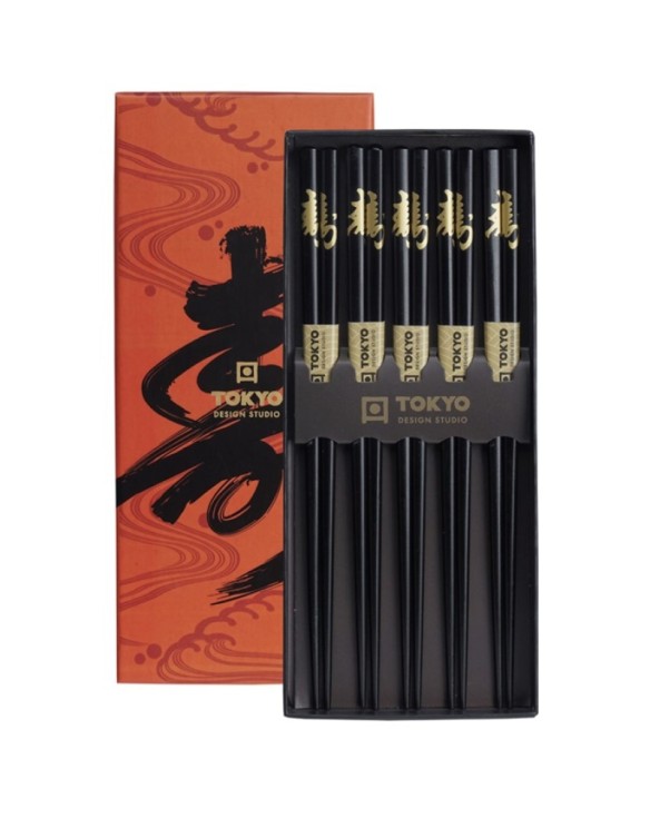 Set de Palillos -5 pares caja negro oro