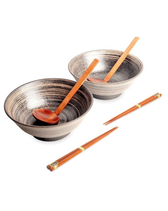 Set 2 Cuencos 21cm Porcelana, 2 Palillos y 2 Cucharas "Uzu Brown"