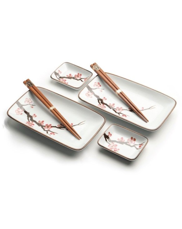 Set 2 Platos Porcelana, 2 Salseras Porcelana y 2 Palillos "Sakura"