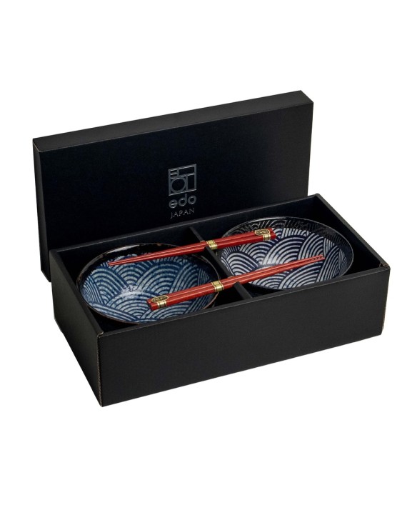 Set 2 Cuencos 17cm Porcelana + 2 Palillos "Japanese wave"